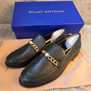 Stuart Weitzman Black Leather Chain Pearl Embellished Loafers Size 10 NEW IN BOX